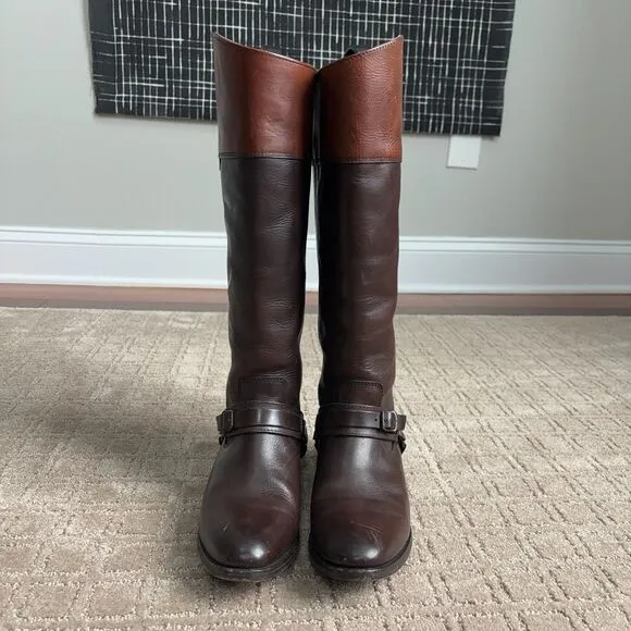 Frye Lindsay Spur Harness Riding Boots Women's Sz 6.5B Brown Leather Tall 76985