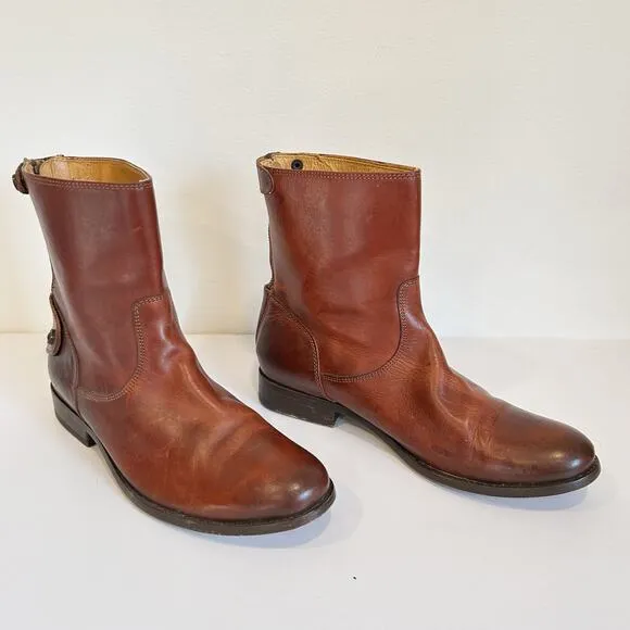 Frye Melissa Button Zip Up Shortie Leather Boot Brown Size 9.5