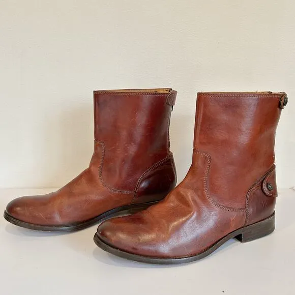 Frye Melissa Button Zip Up Shortie Leather Boot Brown Size 9.5