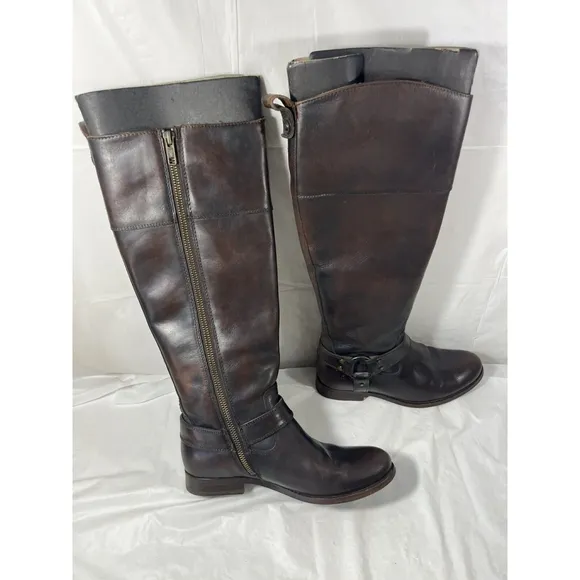 FRYE Melissa Harness Inside Zip Tall Brown Leather Boots Sz 6