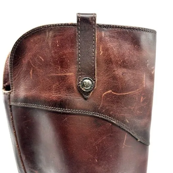 FRYE Melissa Tab Tall Leather Riding Boots Dark Redwood Brown Women's US Size 7