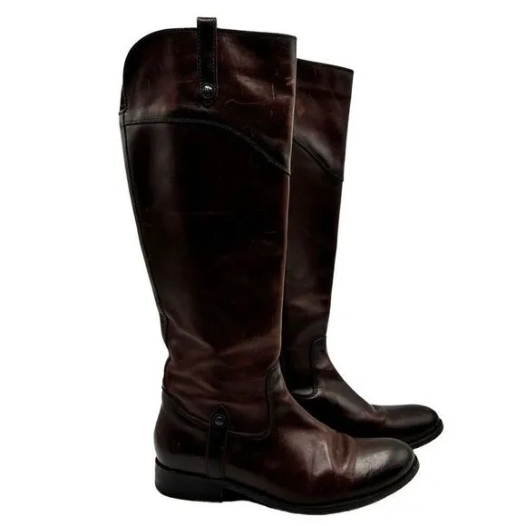 FRYE Melissa Tab Tall Leather Riding Boots Dark Redwood Brown Women's US Size 7