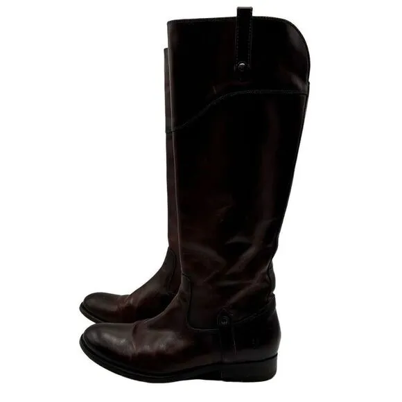 FRYE Melissa Tab Tall Leather Riding Boots Dark Redwood Brown Women's US Size 7