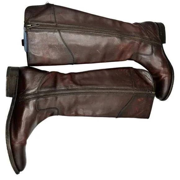 FRYE Melissa Tab Tall Leather Riding Boots Dark Redwood Brown Women's US Size 7