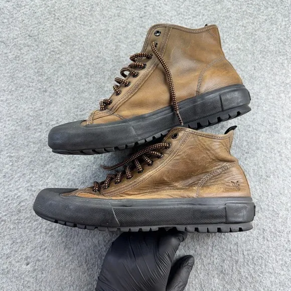 Frye Men's High Top Leather Sneakers 9.5 Brown Lace-Up Rubber Sole Rugged Casual