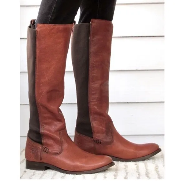 Frye Molly Gore Tall Riding Boots Whiskey Brown Leather Knee High US 8.5 $425