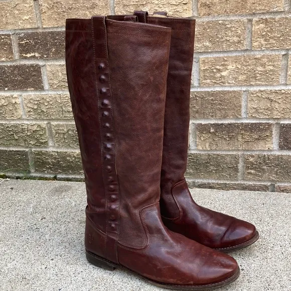 💙Frye Paige Stud Dark Brown Leather Tall Riding Boots