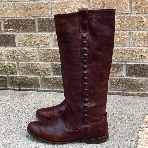 💙Frye Paige Stud Dark Brown Leather Tall Riding Boots