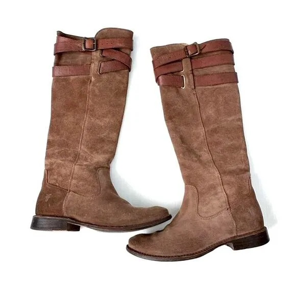 Frye Shirley strappy tall riding boots leather ankle zip closure brown size 6