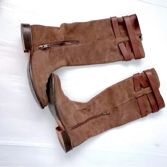 Frye Shirley strappy tall riding boots leather ankle zip closure brown size 6