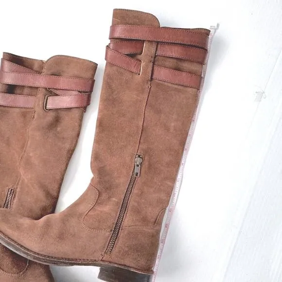 Frye Shirley strappy tall riding boots leather ankle zip closure brown size 6