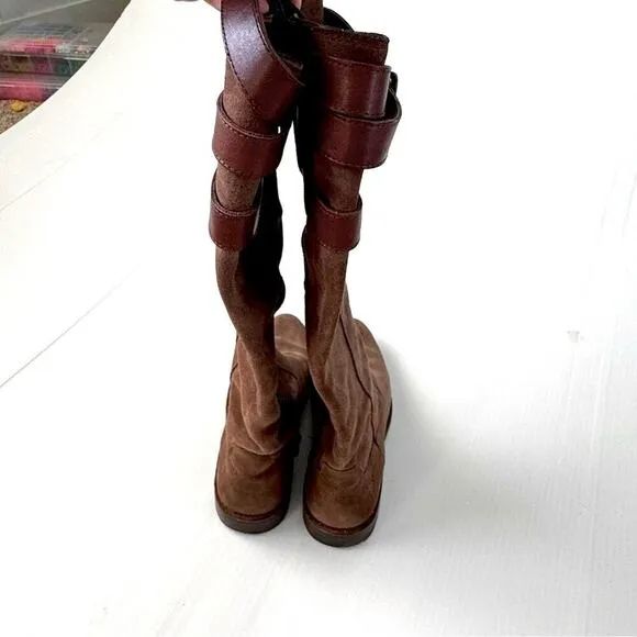 Frye Shirley strappy tall riding boots leather ankle zip closure brown size 6