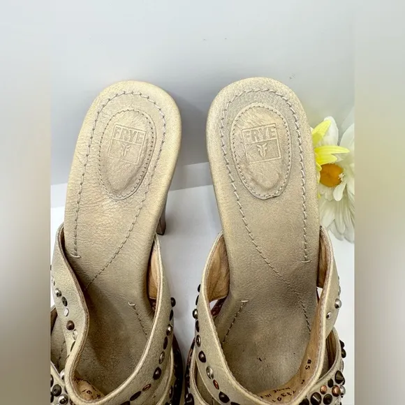 Frye Stone Beaded Joy Open Toe Wood Sole Platform Sandal Heel size 8.5 B