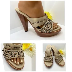 Frye Stone Beaded Joy Open Toe Wood Sole Platform Sandal Heel size 8.5 B