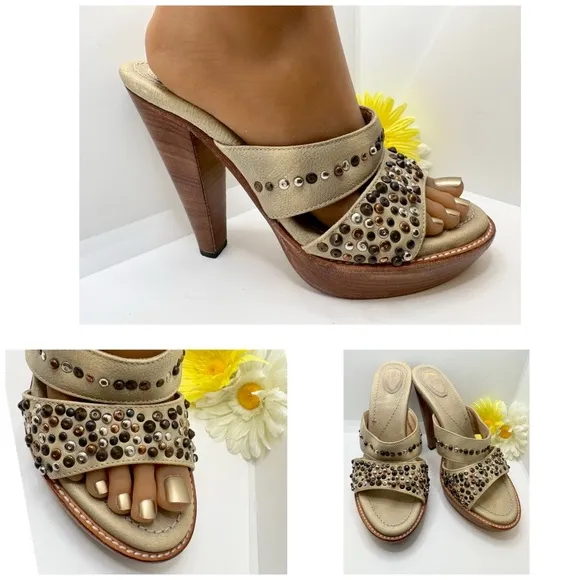 Frye Stone Beaded Joy Open Toe Wood Sole Platform Sandal Heel size 8.5 B