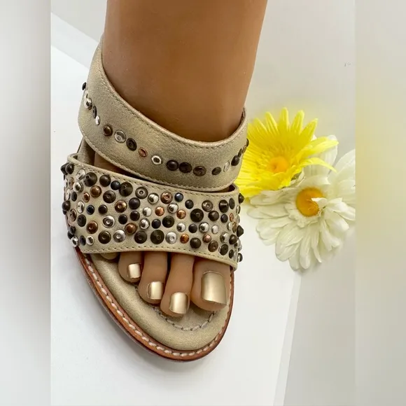 Frye Stone Beaded Joy Open Toe Wood Sole Platform Sandal Heel size 8.5 B