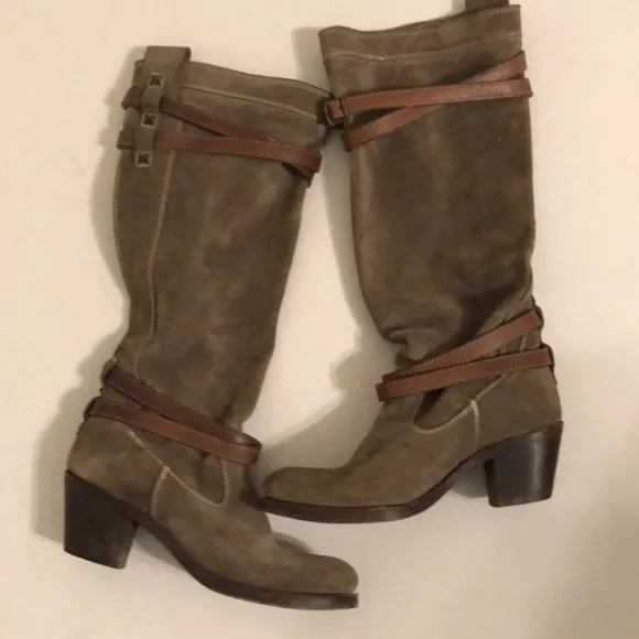 Frye Taupe olive Leather Suede Tall Boots size 6.5