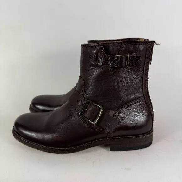 Frye Tyler Engineer Boots Women's 6.5 Brown Leather Zip Ankle Strap Booties
