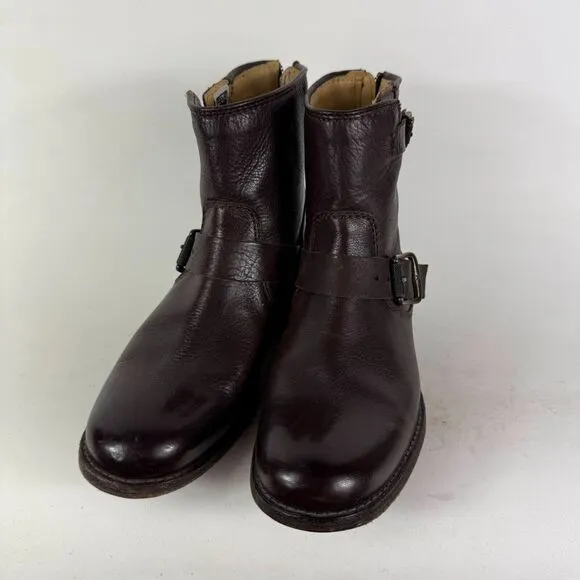 Frye Tyler Engineer Boots Women's 6.5 Brown Leather Zip Ankle Strap Booties