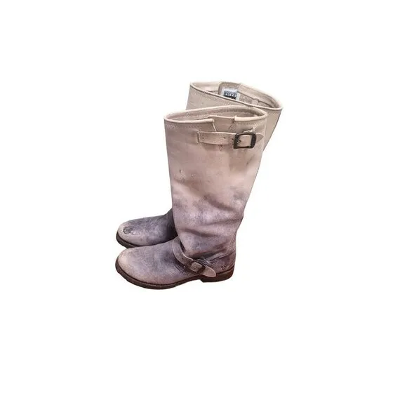 FRYE VERONICA WOMEN'S LEATHER BUCKLE DISTRESSED CREAM/GRAY TALL BOOTS SIZE 6