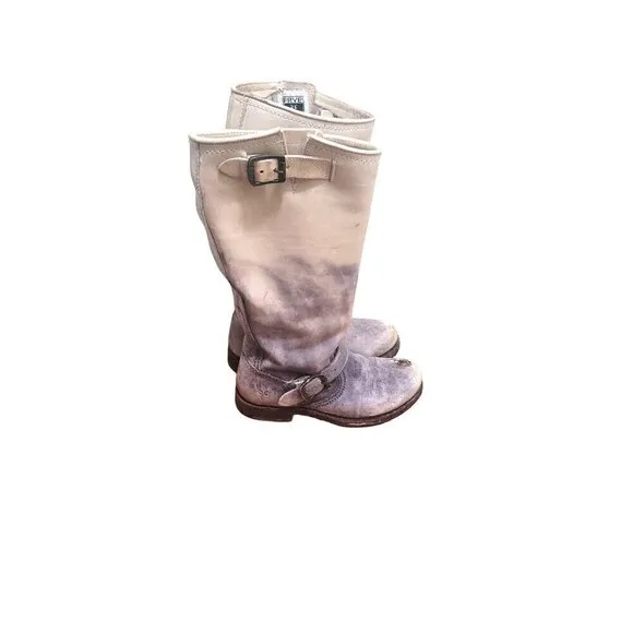 FRYE VERONICA WOMEN'S LEATHER BUCKLE DISTRESSED CREAM/GRAY TALL BOOTS SIZE 6