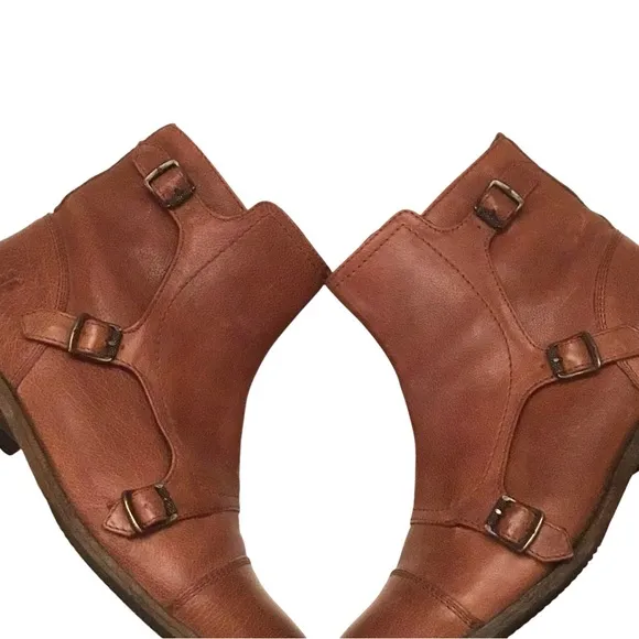 FRYE Women’s Ethan Triple Monk Strap Brown Leather Ankle Boots Size 8