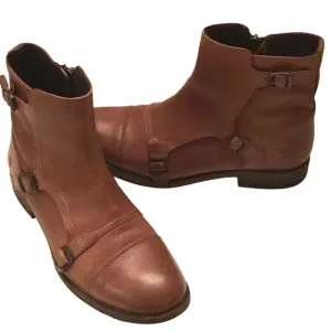 FRYE Women’s Ethan Triple Monk Strap Brown Leather Ankle Boots Size 8