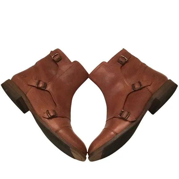 FRYE Women’s Ethan Triple Monk Strap Brown Leather Ankle Boots Size 8