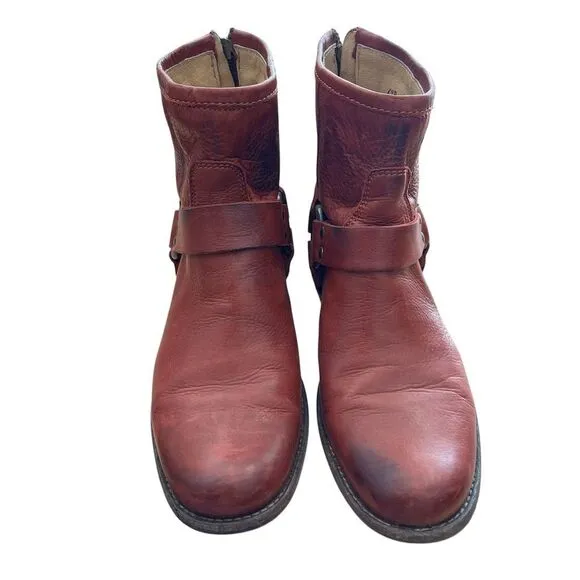 Frye Women's Phillip Harness Ankle Boots Red Leather Western Boho Style 8.5