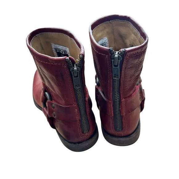 Frye Women's Phillip Harness Ankle Boots Red Leather Western Boho Style 8.5