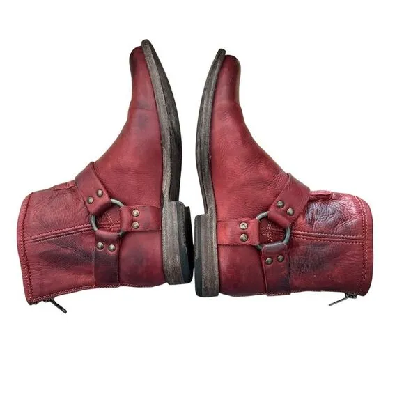 Frye Women's Phillip Harness Ankle Boots Red Leather Western Boho Style 8.5