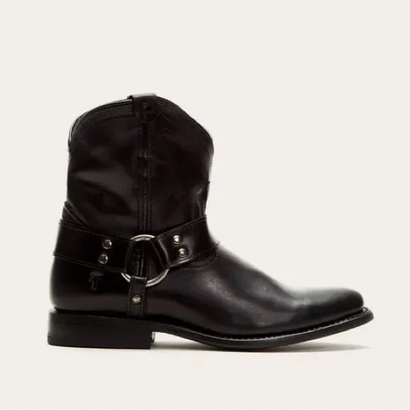 FRYE Wyatt Harness Black Leather Shorty Ankle Boots with Silver Metal Accents