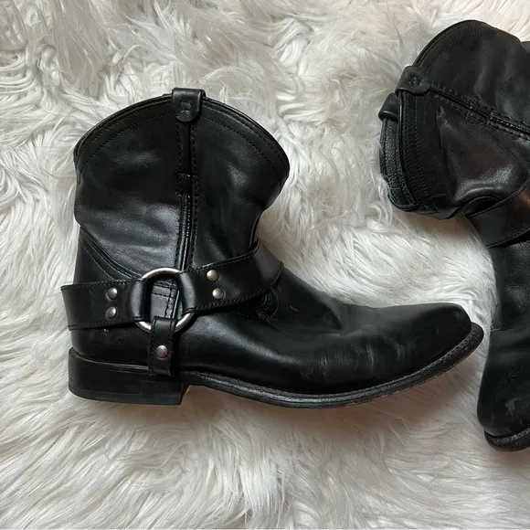 FRYE Wyatt Harness Black Leather Shorty Ankle Boots with Silver Metal Accents