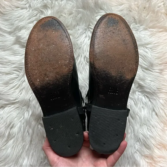 FRYE Wyatt Harness Black Leather Shorty Ankle Boots with Silver Metal Accents
