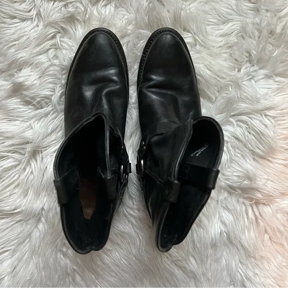 FRYE Wyatt Harness Black Leather Shorty Ankle Boots with Silver Metal Accents