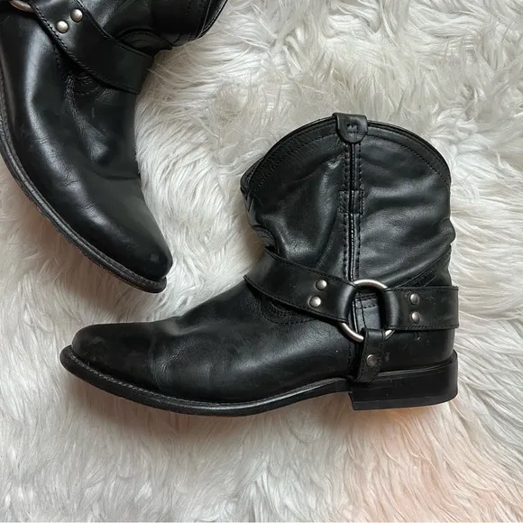FRYE Wyatt Harness Black Leather Shorty Ankle Boots with Silver Metal Accents