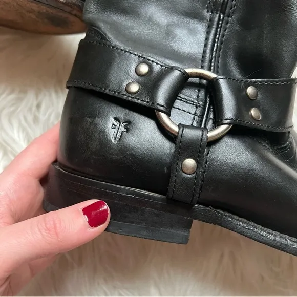 FRYE Wyatt Harness Black Leather Shorty Ankle Boots with Silver Metal Accents