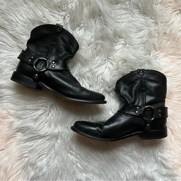 FRYE Wyatt Harness Black Leather Shorty Ankle Boots with Silver Metal Accents