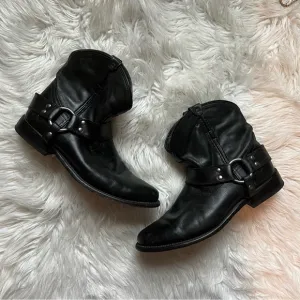 FRYE Wyatt Harness Black Leather Shorty Ankle Boots with Silver Metal Accents