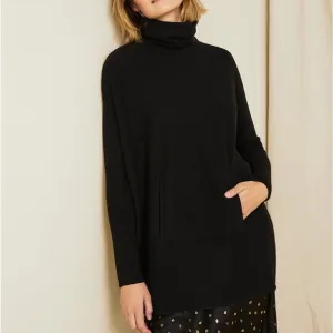 Garnet Hill Oversized Turtleneck Sweater Black Wool Cashmere Pockets Sz XS