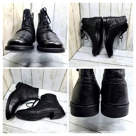 GBX Men 10.5M #091371 Black Leather Laceup SideZip Ankle Moto Boots