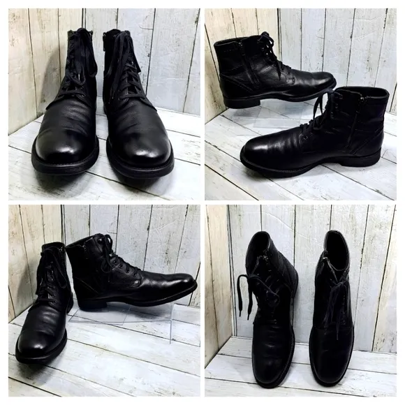 GBX Men 10.5M #091371 Black Leather Laceup SideZip Ankle Moto Boots