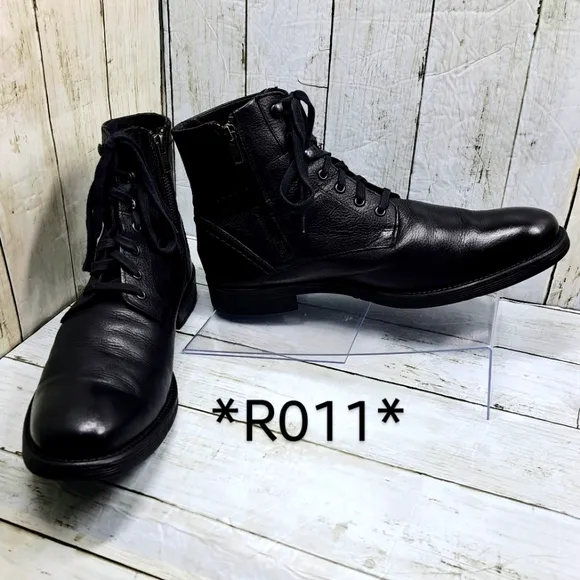 GBX Men 10.5M #091371 Black Leather Laceup SideZip Ankle Moto Boots