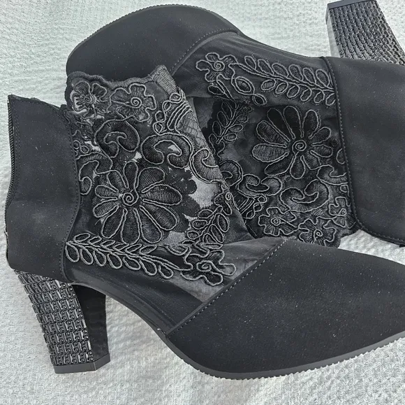 Generic black lace booties, block heel with crystal detail, size 42