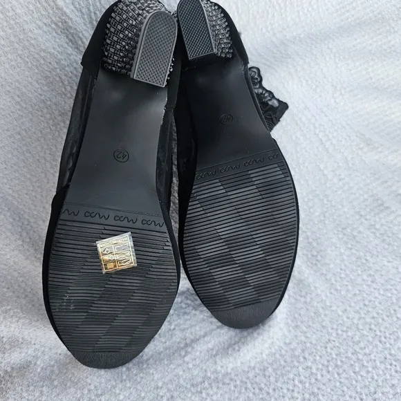 Generic black lace booties, block heel with crystal detail, size 42