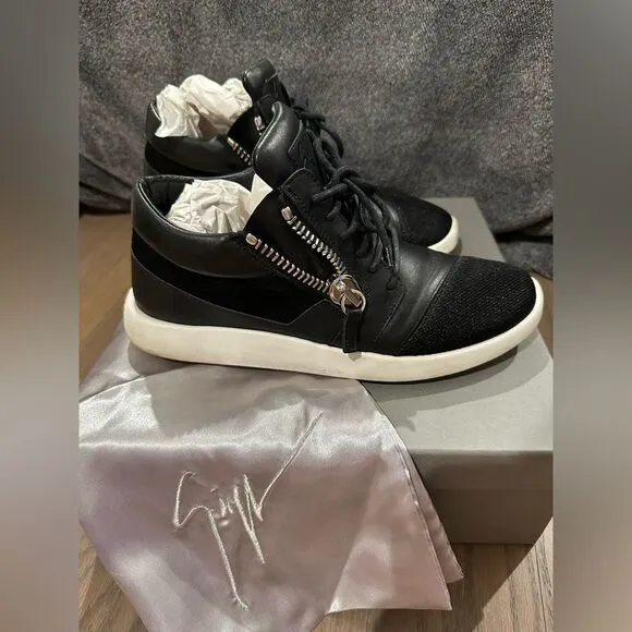 Giuseppe Zanotti Black Leather Athletic Shoes Side Zipper Details Size 12B