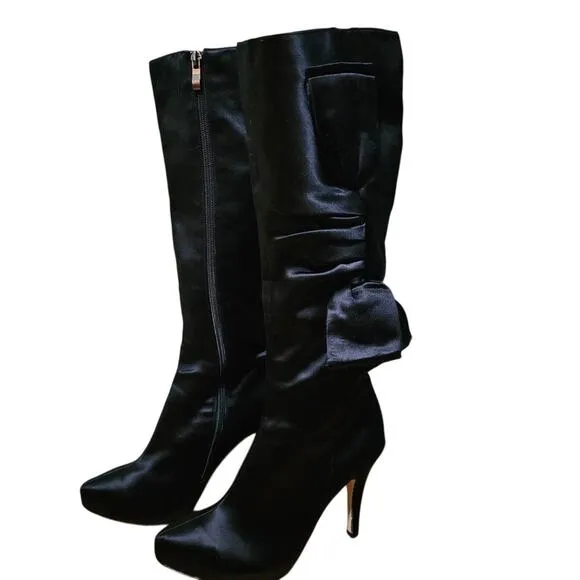 GLINT Designer Black Satin Tall Pump Boots with Bow Sz 7.5M
