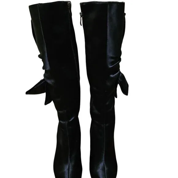 GLINT Designer Black Satin Tall Pump Boots with Bow Sz 7.5M