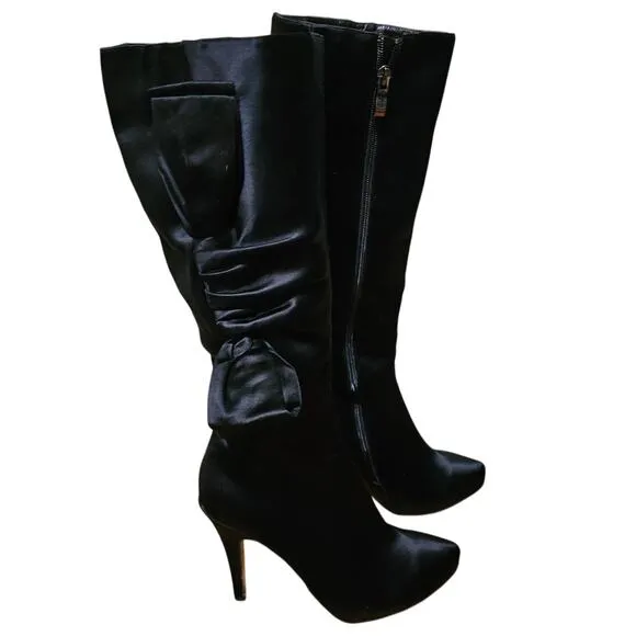 GLINT Designer Black Satin Tall Pump Boots with Bow Sz 7.5M