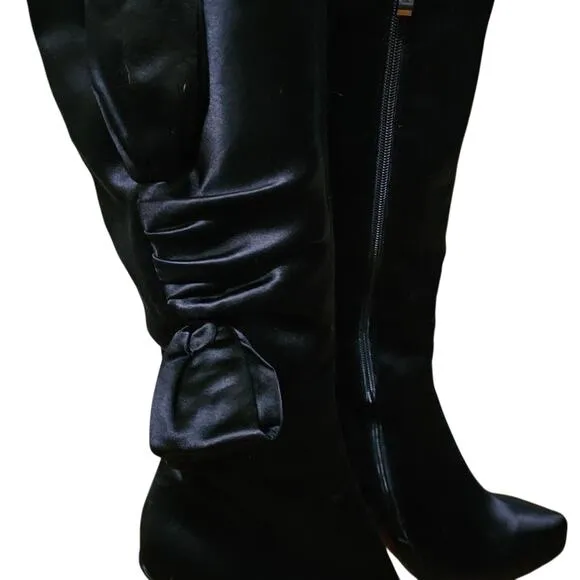 GLINT Designer Black Satin Tall Pump Boots with Bow Sz 7.5M